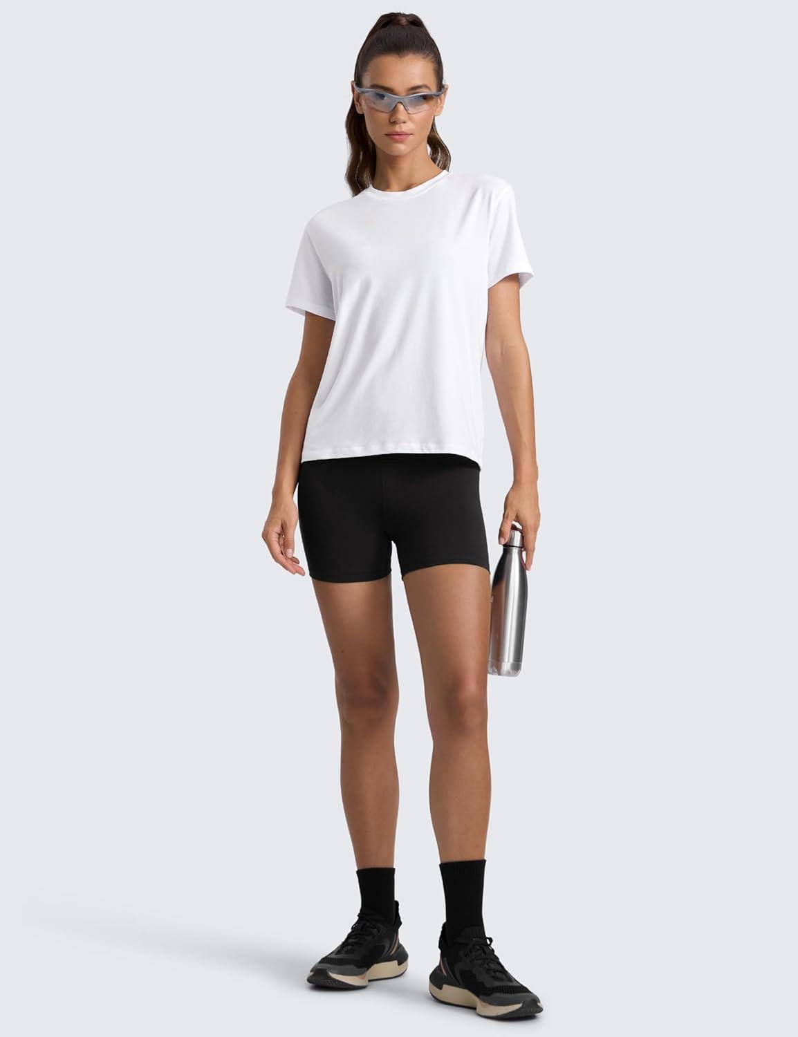 imageCRZ YOGA CottonBlend Crewneck Tops for Women Workout Gym Athletic Casual Short Sleeve Shirts Quick Dry Basic TShirtWhite