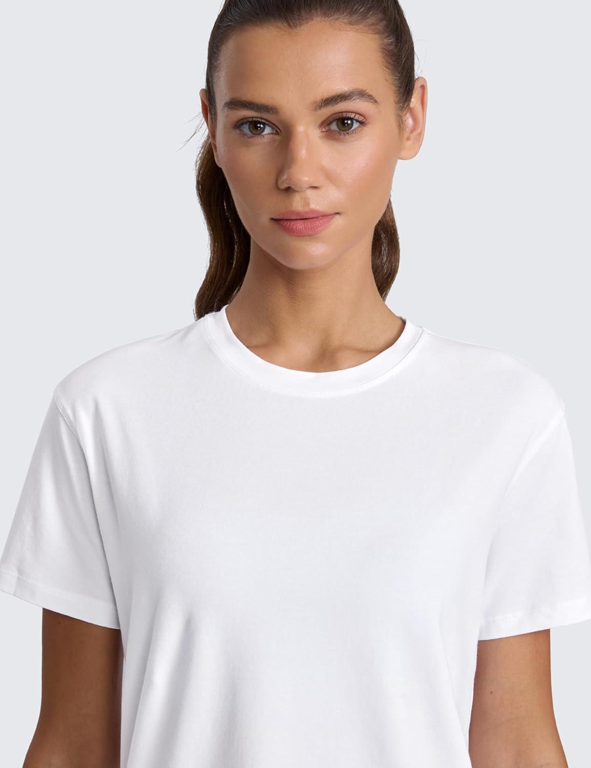 imageCRZ YOGA CottonBlend Crewneck Tops for Women Workout Gym Athletic Casual Short Sleeve Shirts Quick Dry Basic TShirtWhite