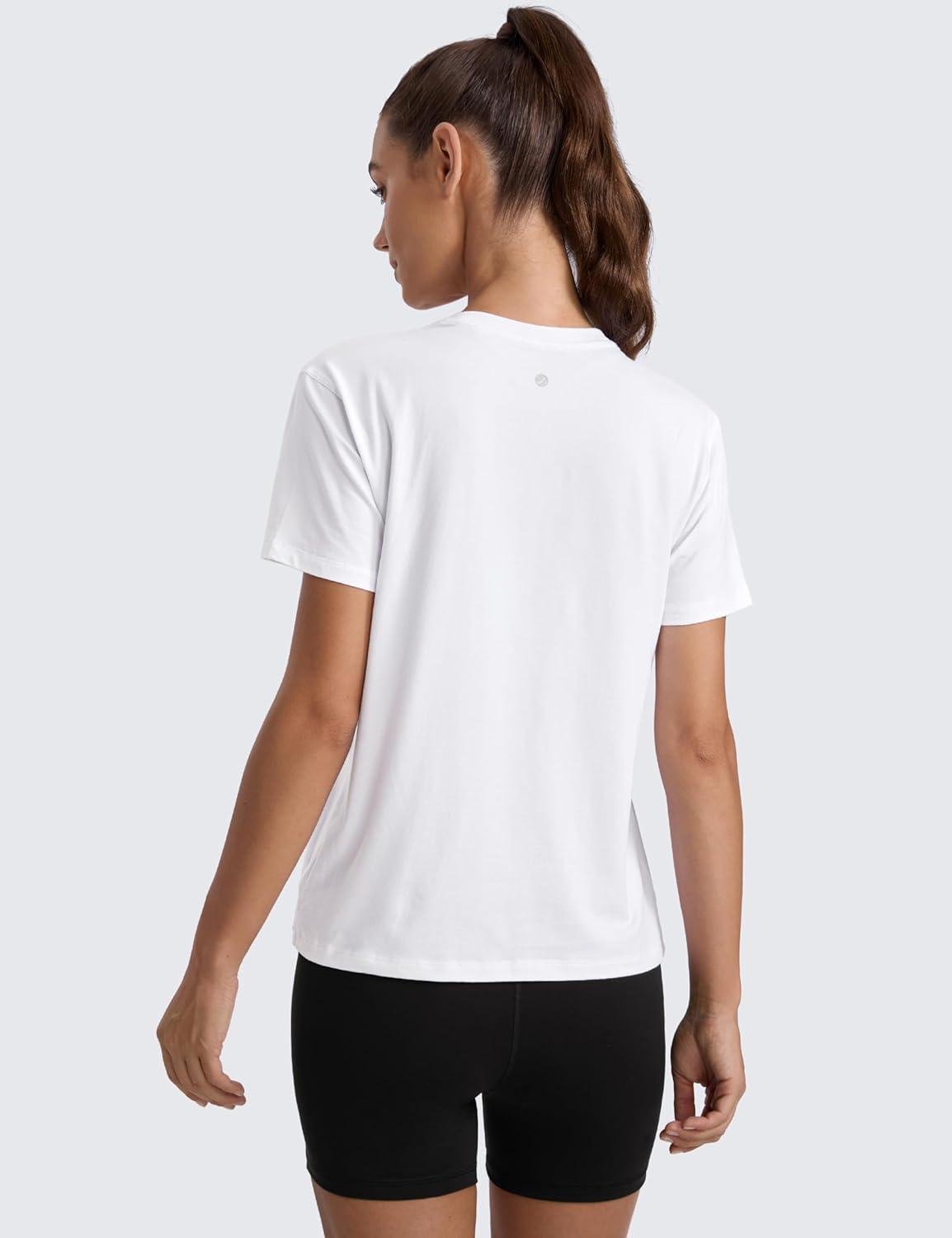 imageCRZ YOGA CottonBlend Crewneck Tops for Women Workout Gym Athletic Casual Short Sleeve Shirts Quick Dry Basic TShirtWhite