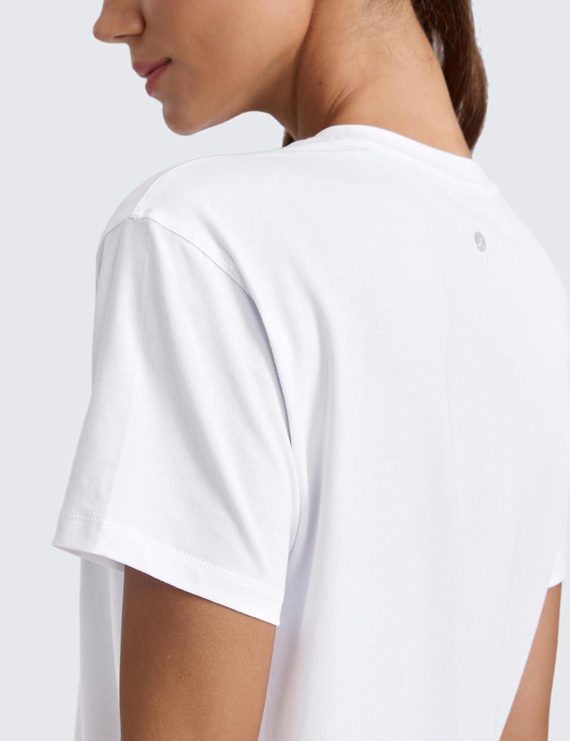imageCRZ YOGA CottonBlend Crewneck Tops for Women Workout Gym Athletic Casual Short Sleeve Shirts Quick Dry Basic TShirtWhite