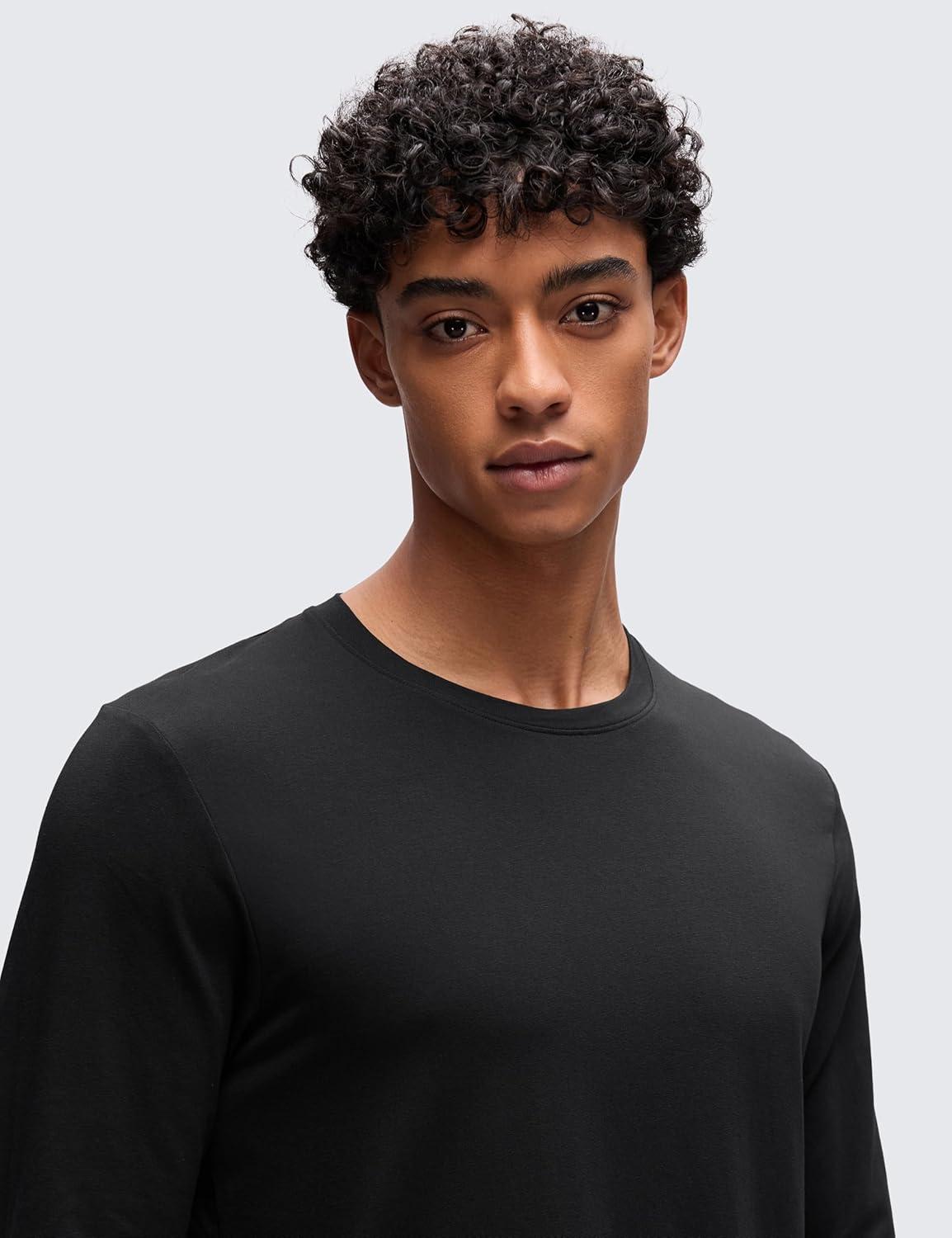 imageCRZ YOGA CottonBlend Long Sleeve Shirts for Men Moisture Wicking Soft Workout Athletic Casual Crewneck Basic TopsBlack