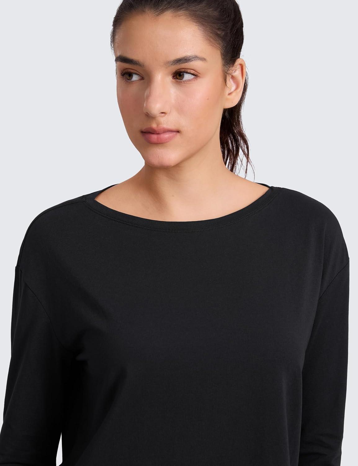 imageCRZ YOGA CottonBlend Long Sleeve Shirts for Women Boat Neck Workout Athletic Casual Going Out Tops Soft Fall TShirtBlack