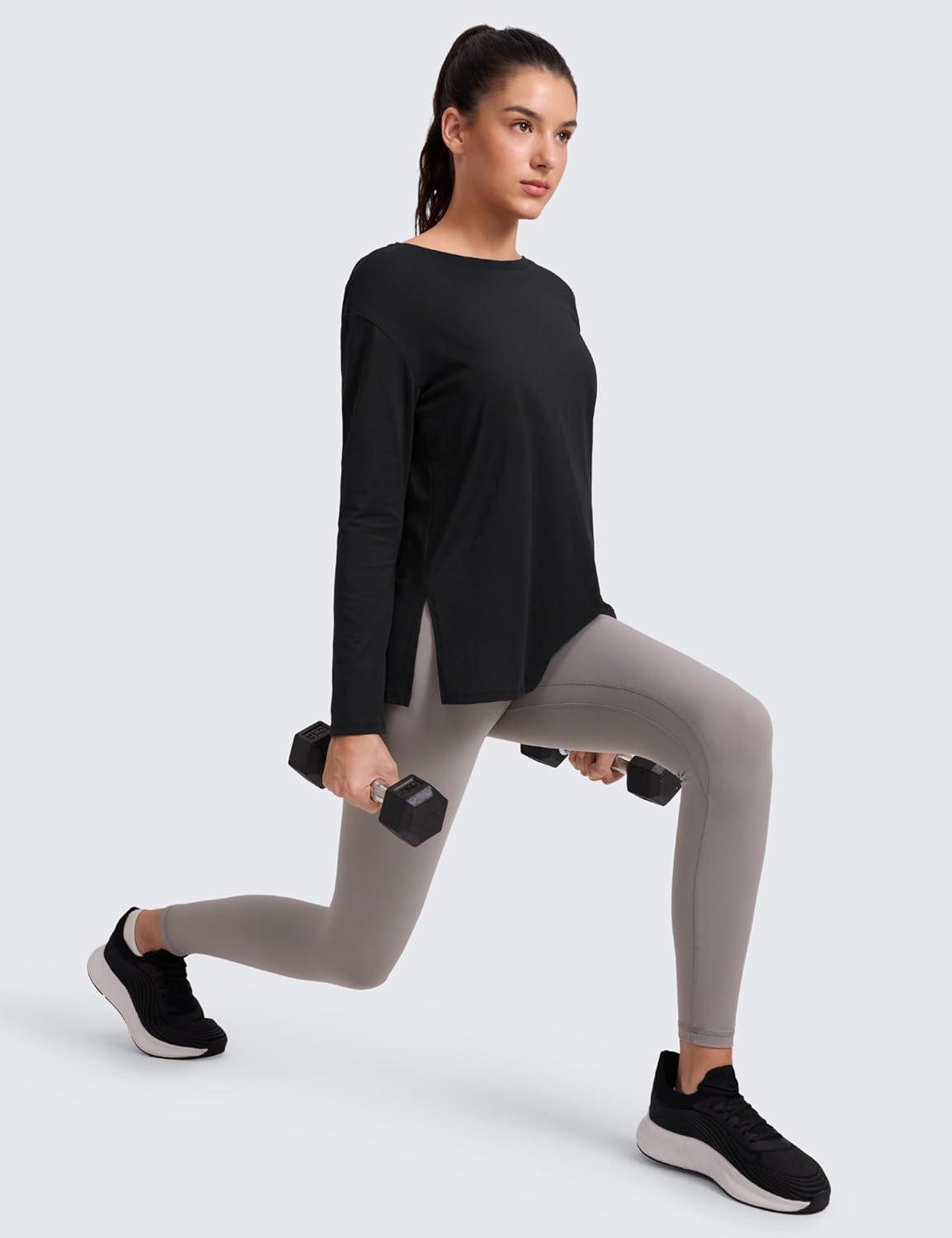 imageCRZ YOGA CottonBlend Long Sleeve Shirts for Women Boat Neck Workout Athletic Casual Going Out Tops Soft Fall TShirtBlack