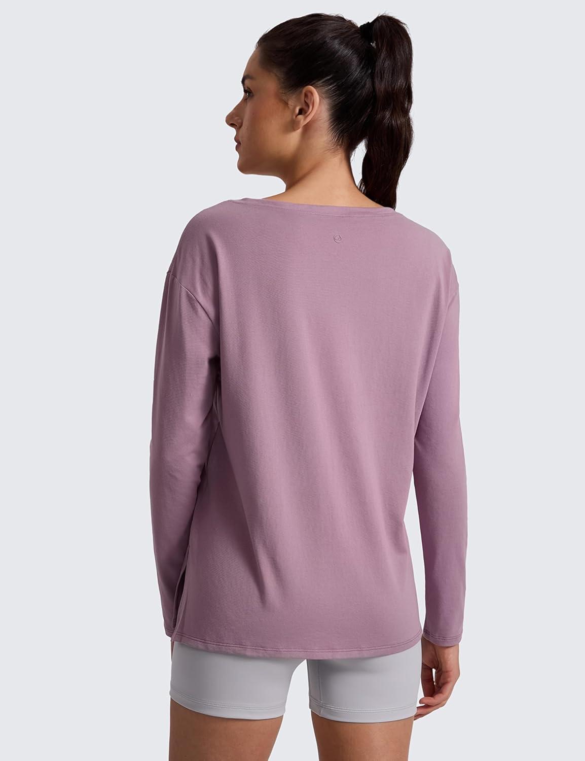 imageCRZ YOGA CottonBlend Long Sleeve Shirts for Women Boat Neck Workout Athletic Casual Going Out Tops Soft Fall TShirtLight Lavender