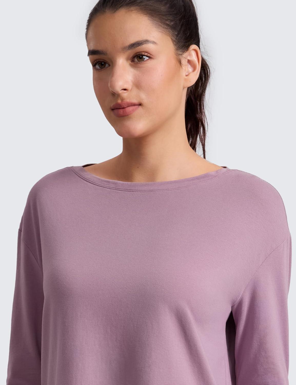 imageCRZ YOGA CottonBlend Long Sleeve Shirts for Women Boat Neck Workout Athletic Casual Going Out Tops Soft Fall TShirtLight Lavender