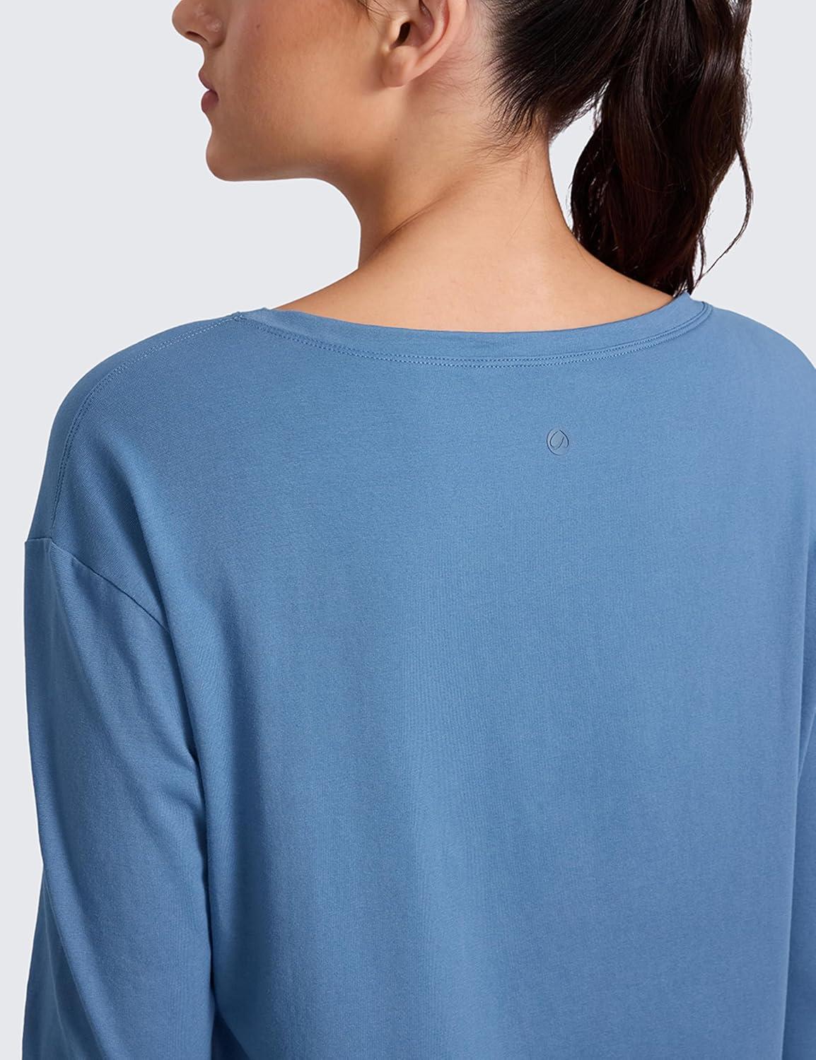 imageCRZ YOGA CottonBlend Long Sleeve Shirts for Women Boat Neck Workout Athletic Casual Going Out Tops Soft Fall TShirtWashed Denim