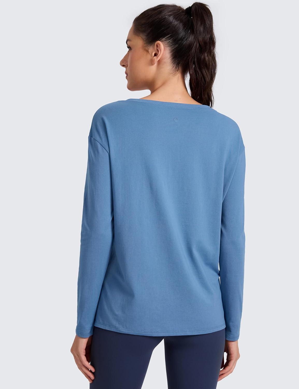 imageCRZ YOGA CottonBlend Long Sleeve Shirts for Women Boat Neck Workout Athletic Casual Going Out Tops Soft Fall TShirtWashed Denim