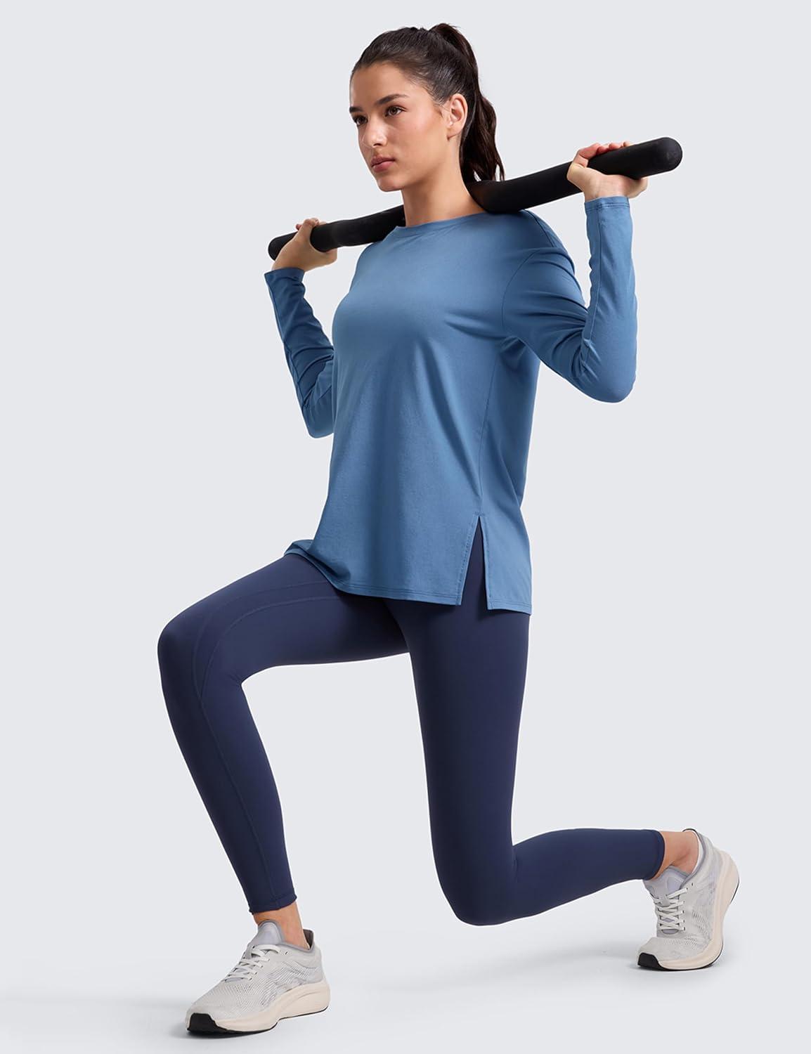 imageCRZ YOGA CottonBlend Long Sleeve Shirts for Women Boat Neck Workout Athletic Casual Going Out Tops Soft Fall TShirtWashed Denim
