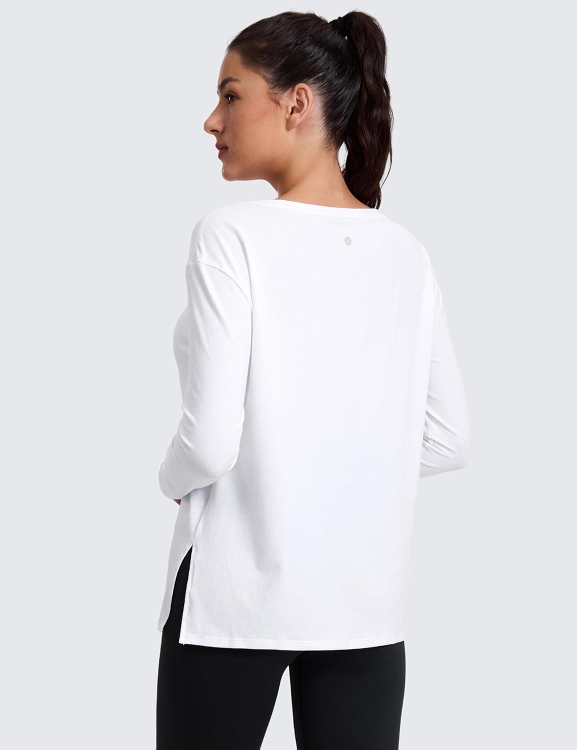 imageCRZ YOGA CottonBlend Long Sleeve Shirts for Women Boat Neck Workout Athletic Casual Going Out Tops Soft Fall TShirtWhite