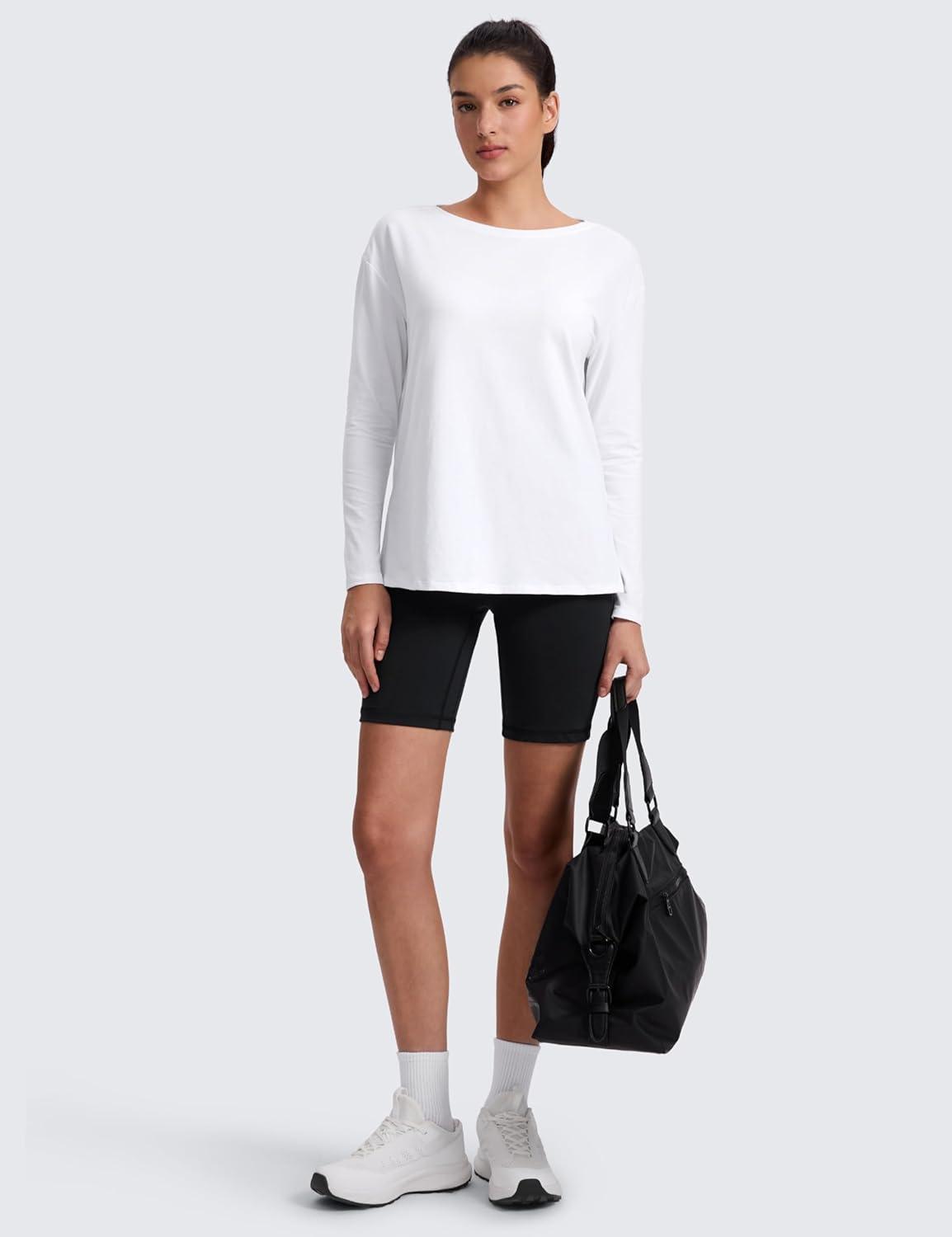imageCRZ YOGA CottonBlend Long Sleeve Shirts for Women Boat Neck Workout Athletic Casual Going Out Tops Soft Fall TShirtWhite