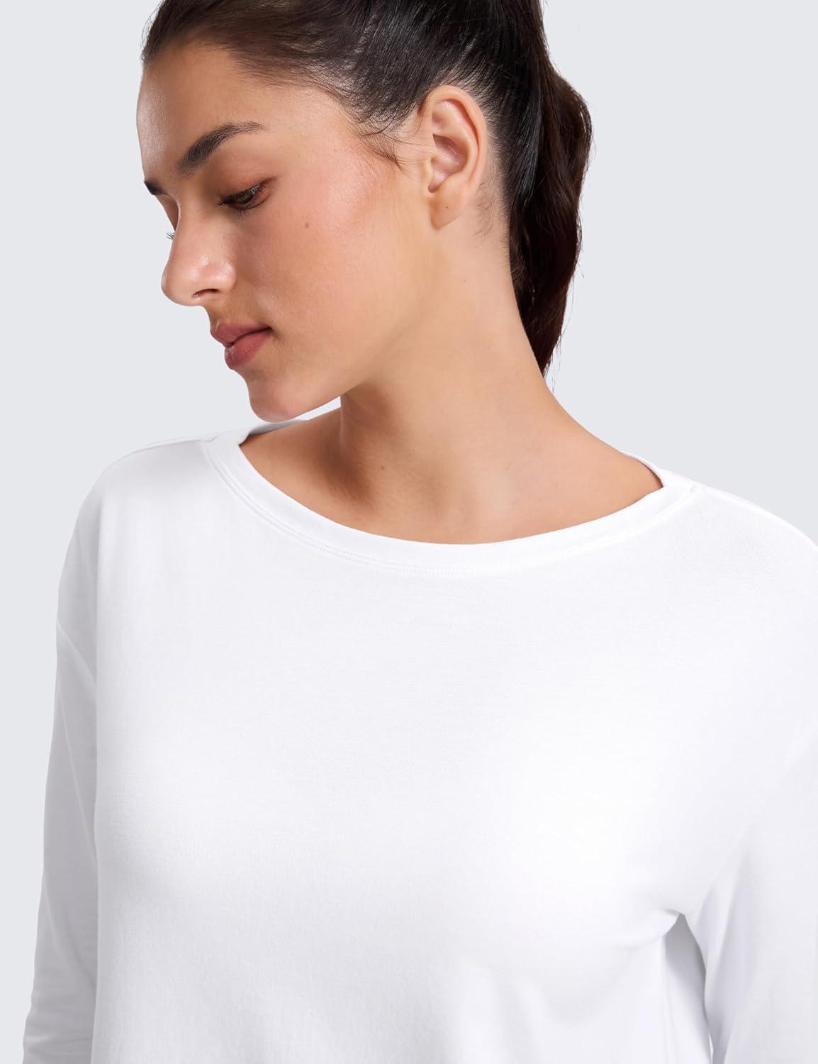 imageCRZ YOGA CottonBlend Long Sleeve Shirts for Women Boat Neck Workout Athletic Casual Going Out Tops Soft Fall TShirtWhite