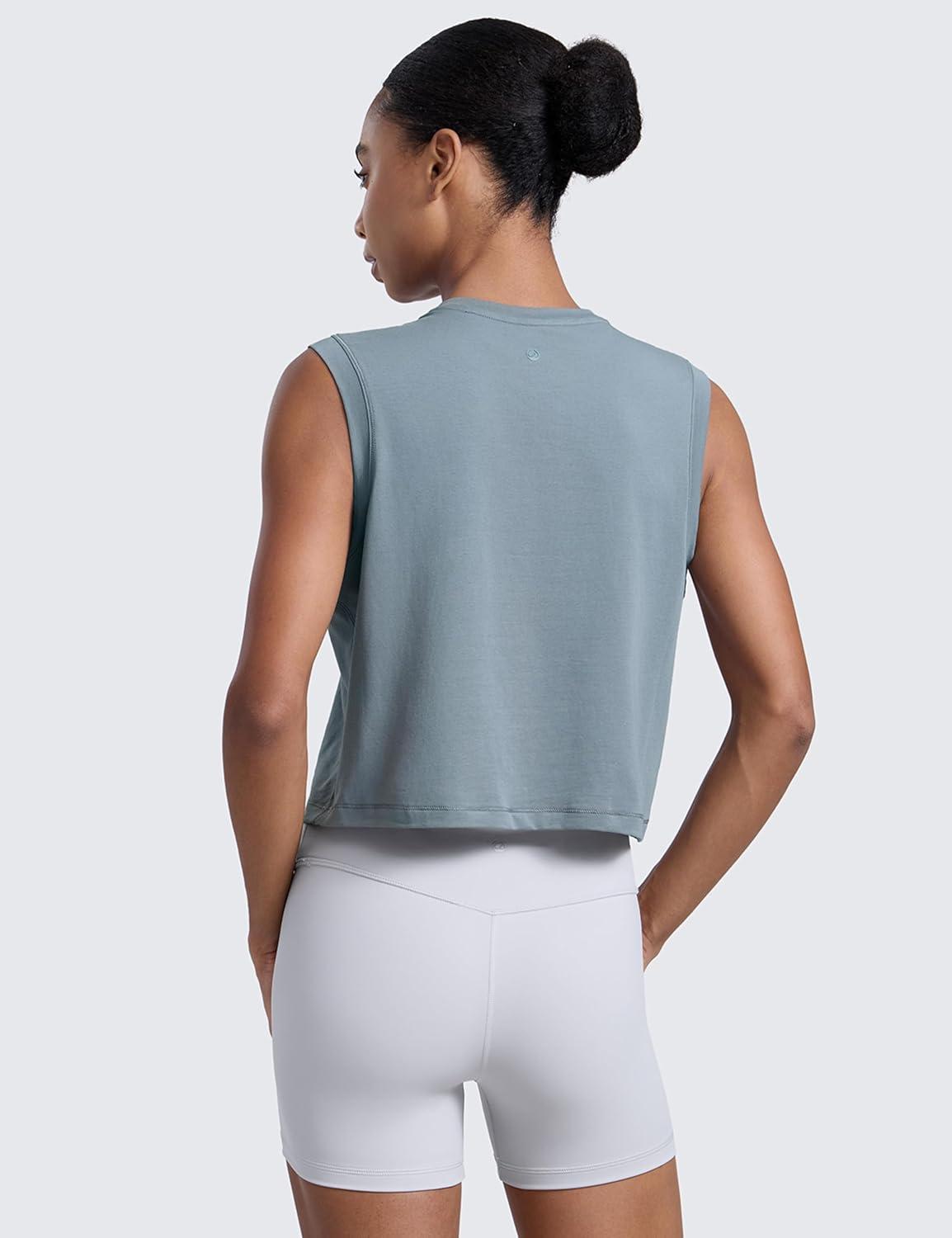 imageCRZ YOGA CottonBlend Workout Muscle Tank for Women Breathable Quick Dry High Neck Athletic Tops Casual Sleeveless ShirtsBelgian Blue