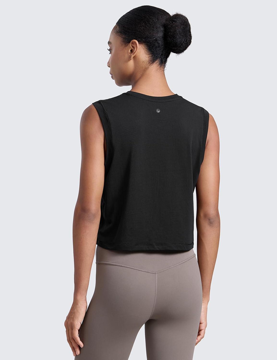 imageCRZ YOGA CottonBlend Workout Muscle Tank for Women Breathable Quick Dry High Neck Athletic Tops Casual Sleeveless ShirtsBlack