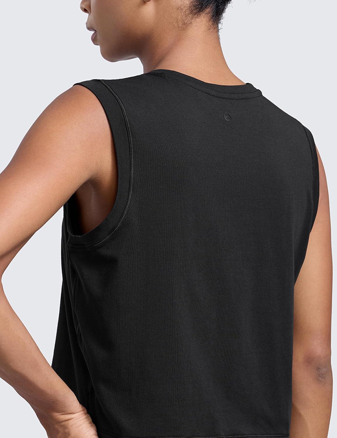 imageCRZ YOGA CottonBlend Workout Muscle Tank for Women Breathable Quick Dry High Neck Athletic Tops Casual Sleeveless ShirtsBlack