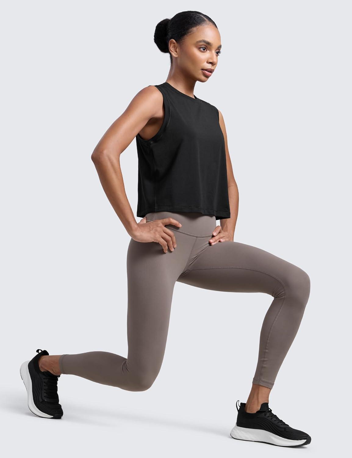 imageCRZ YOGA CottonBlend Workout Muscle Tank for Women Breathable Quick Dry High Neck Athletic Tops Casual Sleeveless ShirtsBlack