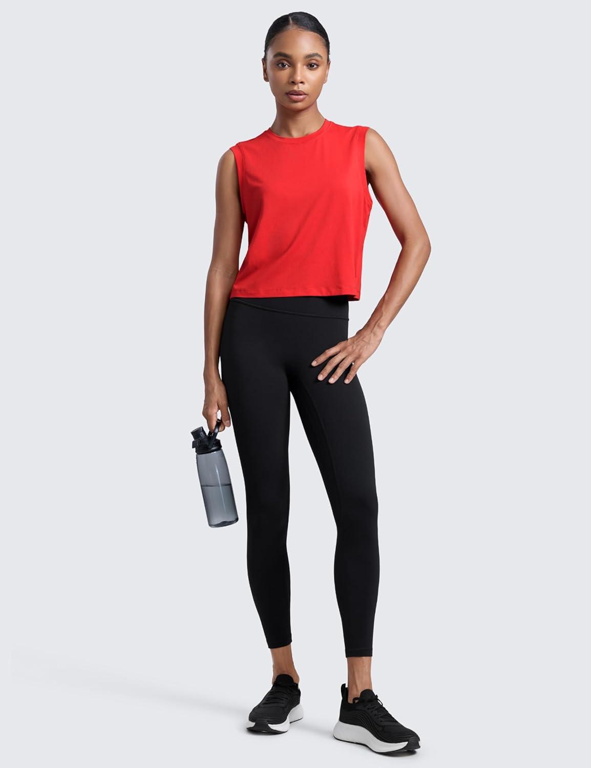 imageCRZ YOGA CottonBlend Workout Muscle Tank for Women Breathable Quick Dry High Neck Athletic Tops Casual Sleeveless ShirtsDeep Red