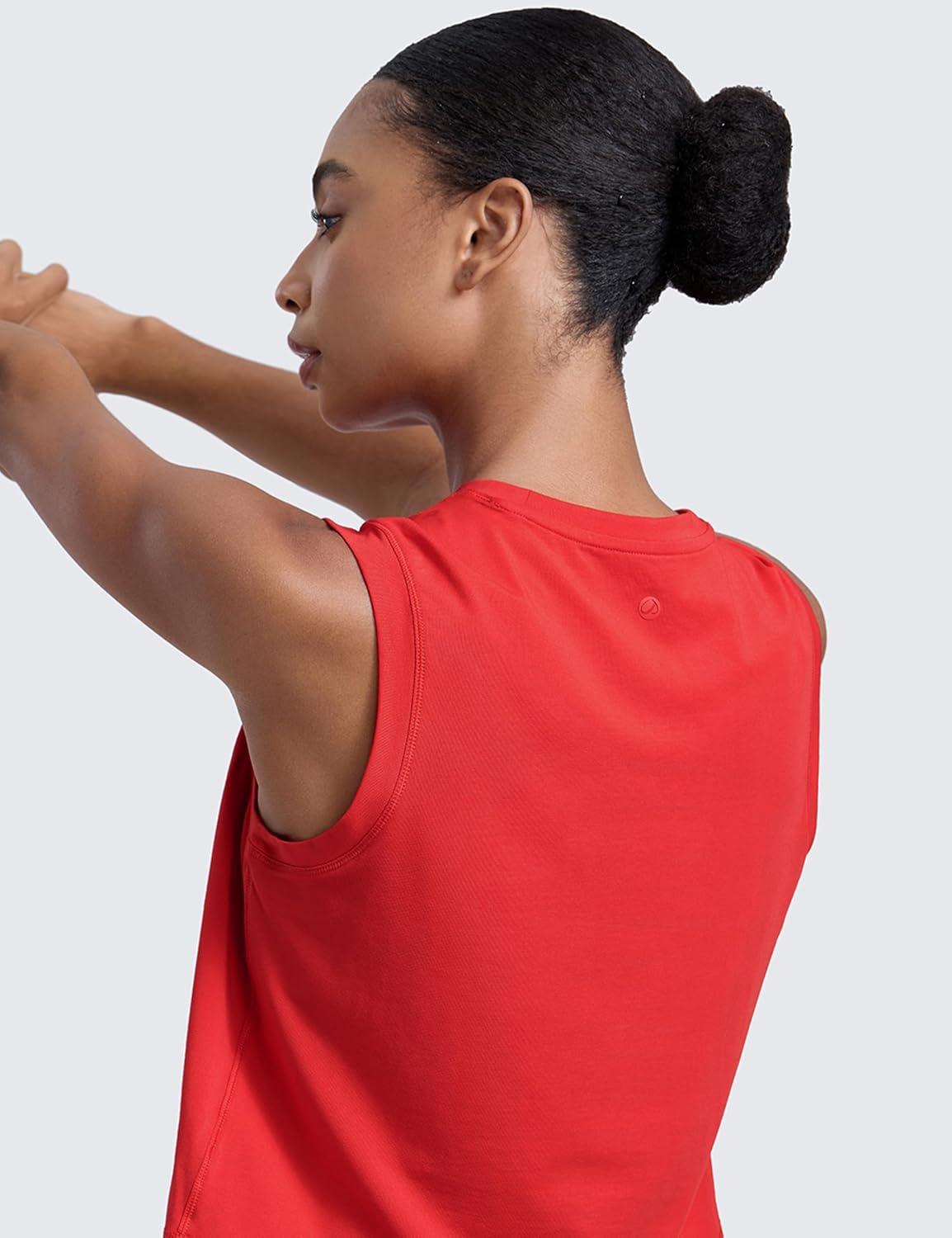 imageCRZ YOGA CottonBlend Workout Muscle Tank for Women Breathable Quick Dry High Neck Athletic Tops Casual Sleeveless ShirtsDeep Red