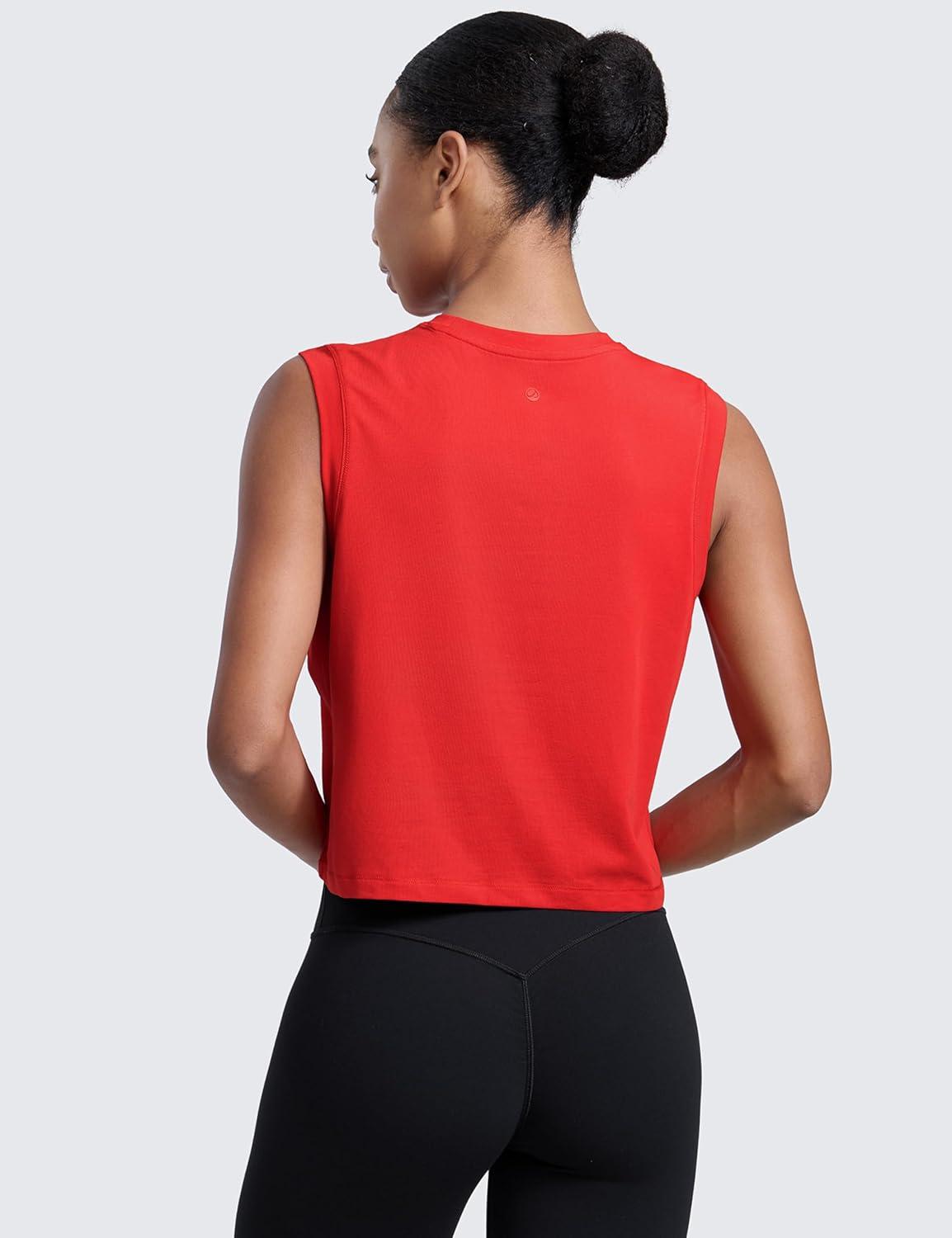 imageCRZ YOGA CottonBlend Workout Muscle Tank for Women Breathable Quick Dry High Neck Athletic Tops Casual Sleeveless ShirtsDeep Red