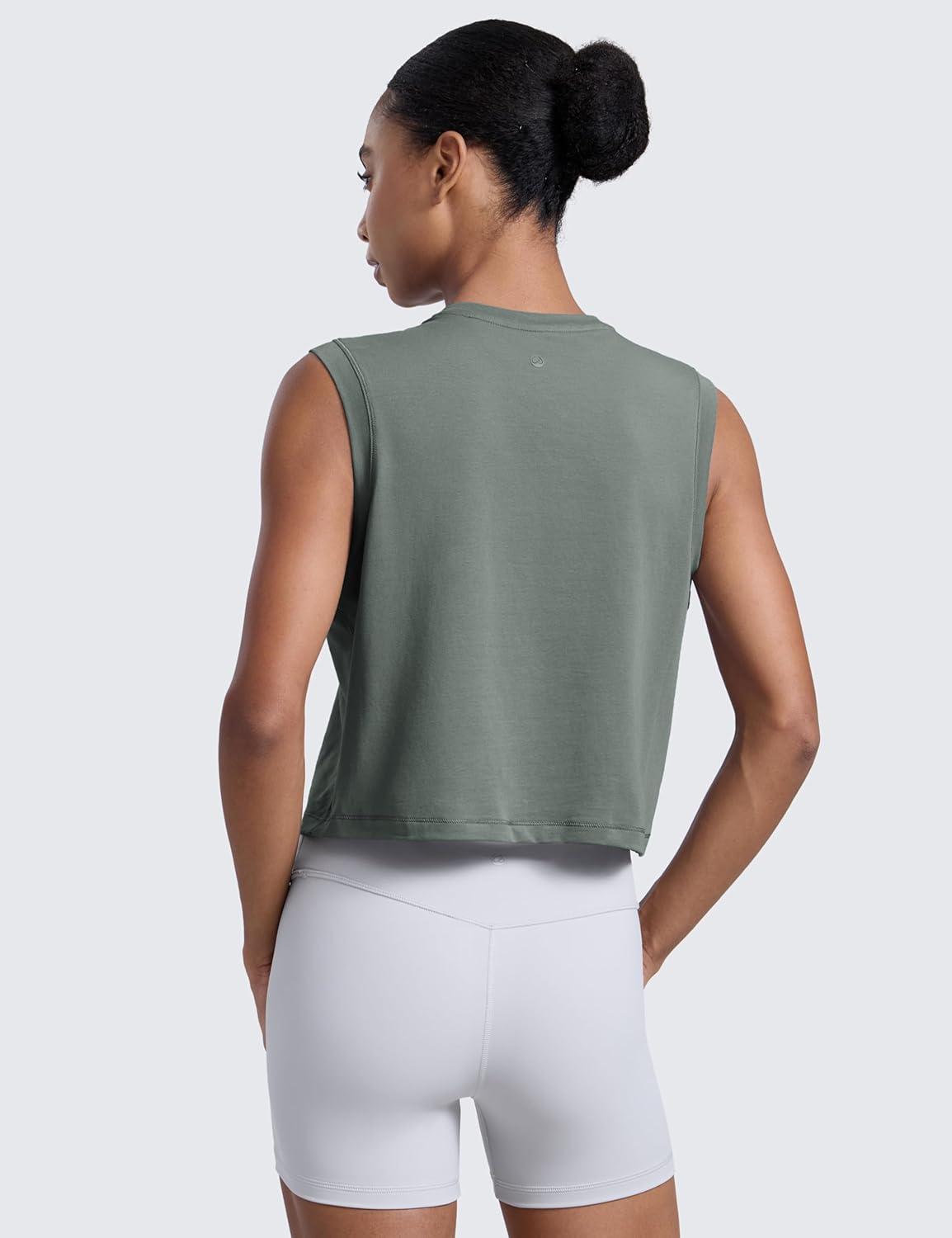 imageCRZ YOGA CottonBlend Workout Muscle Tank for Women Breathable Quick Dry High Neck Athletic Tops Casual Sleeveless ShirtsGrey Sage