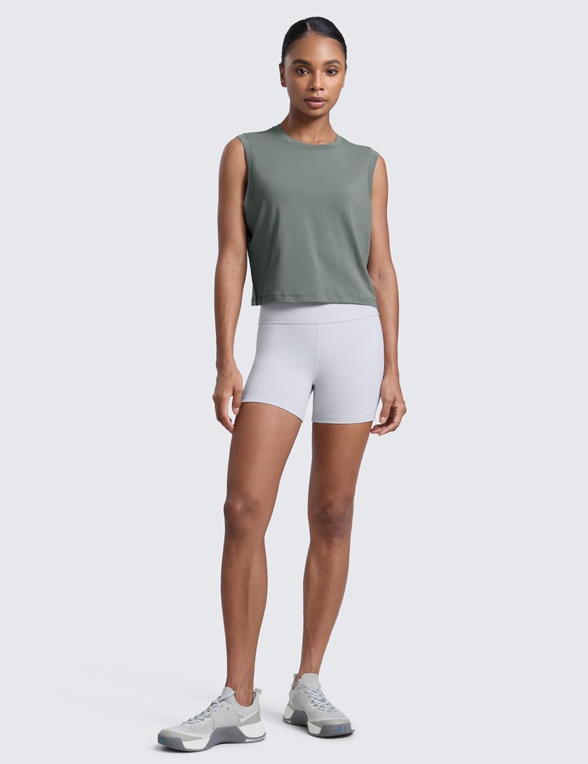 imageCRZ YOGA CottonBlend Workout Muscle Tank for Women Breathable Quick Dry High Neck Athletic Tops Casual Sleeveless ShirtsGrey Sage