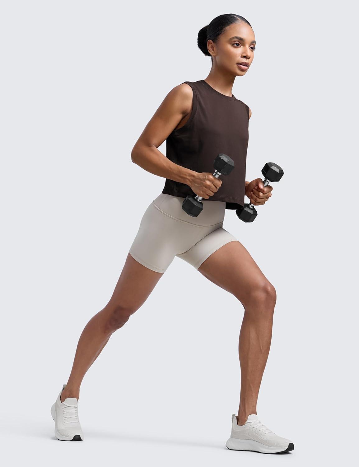 imageCRZ YOGA CottonBlend Workout Muscle Tank for Women Breathable Quick Dry High Neck Athletic Tops Casual Sleeveless ShirtsHot Fudge Brown