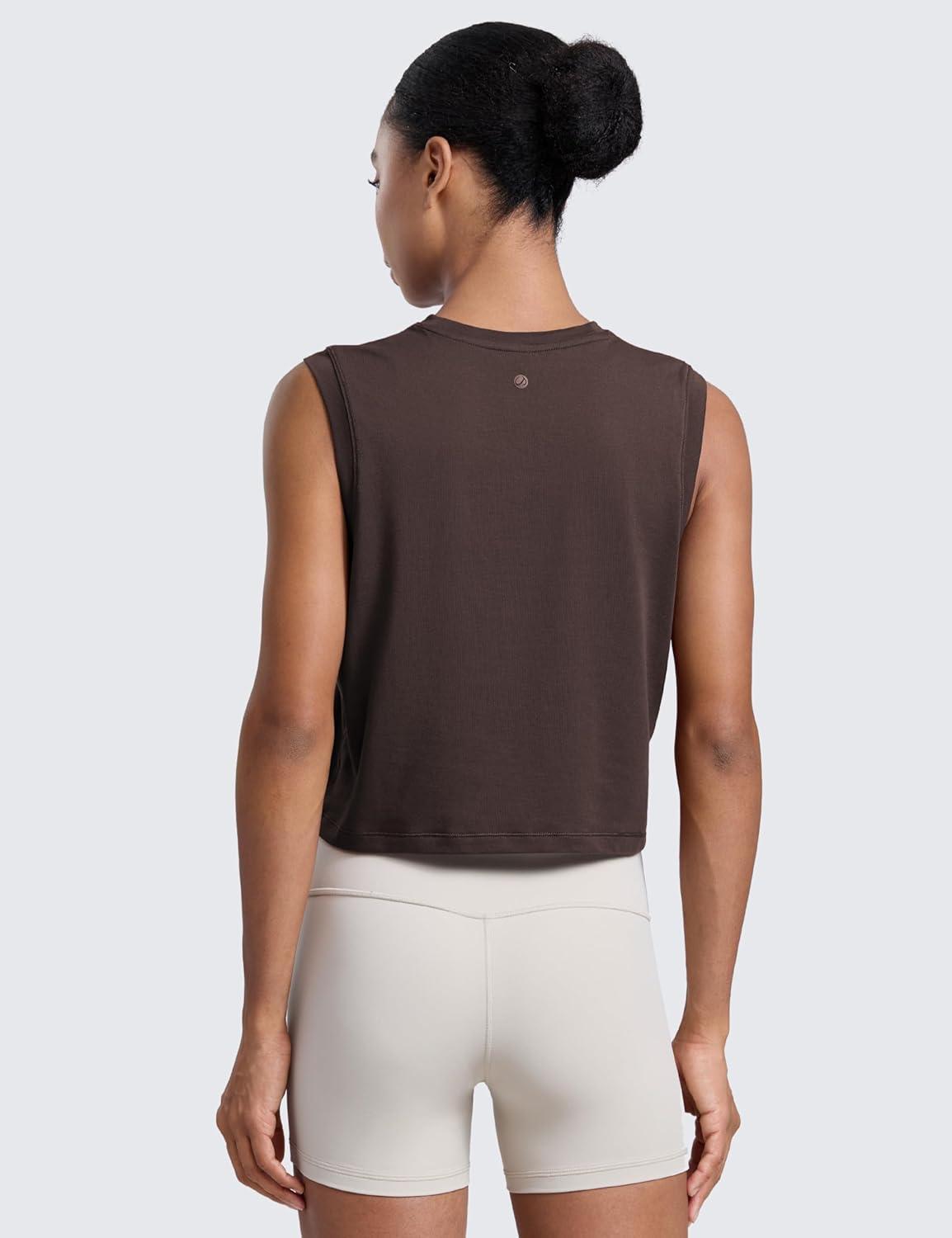 imageCRZ YOGA CottonBlend Workout Muscle Tank for Women Breathable Quick Dry High Neck Athletic Tops Casual Sleeveless ShirtsHot Fudge Brown