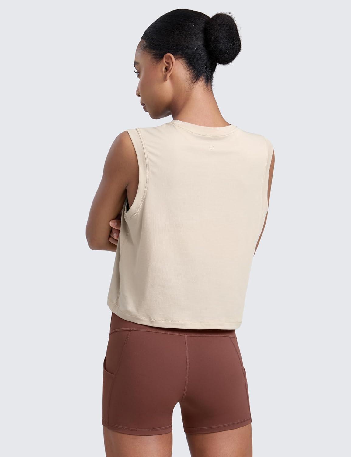 imageCRZ YOGA CottonBlend Workout Muscle Tank for Women Breathable Quick Dry High Neck Athletic Tops Casual Sleeveless ShirtsMojave Tan
