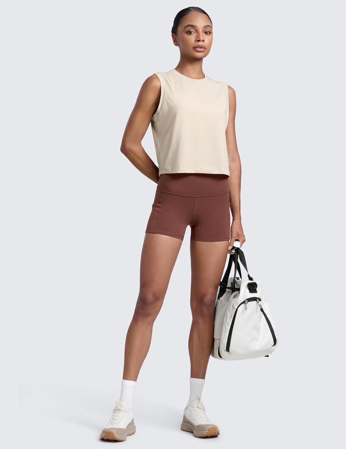 imageCRZ YOGA CottonBlend Workout Muscle Tank for Women Breathable Quick Dry High Neck Athletic Tops Casual Sleeveless ShirtsMojave Tan