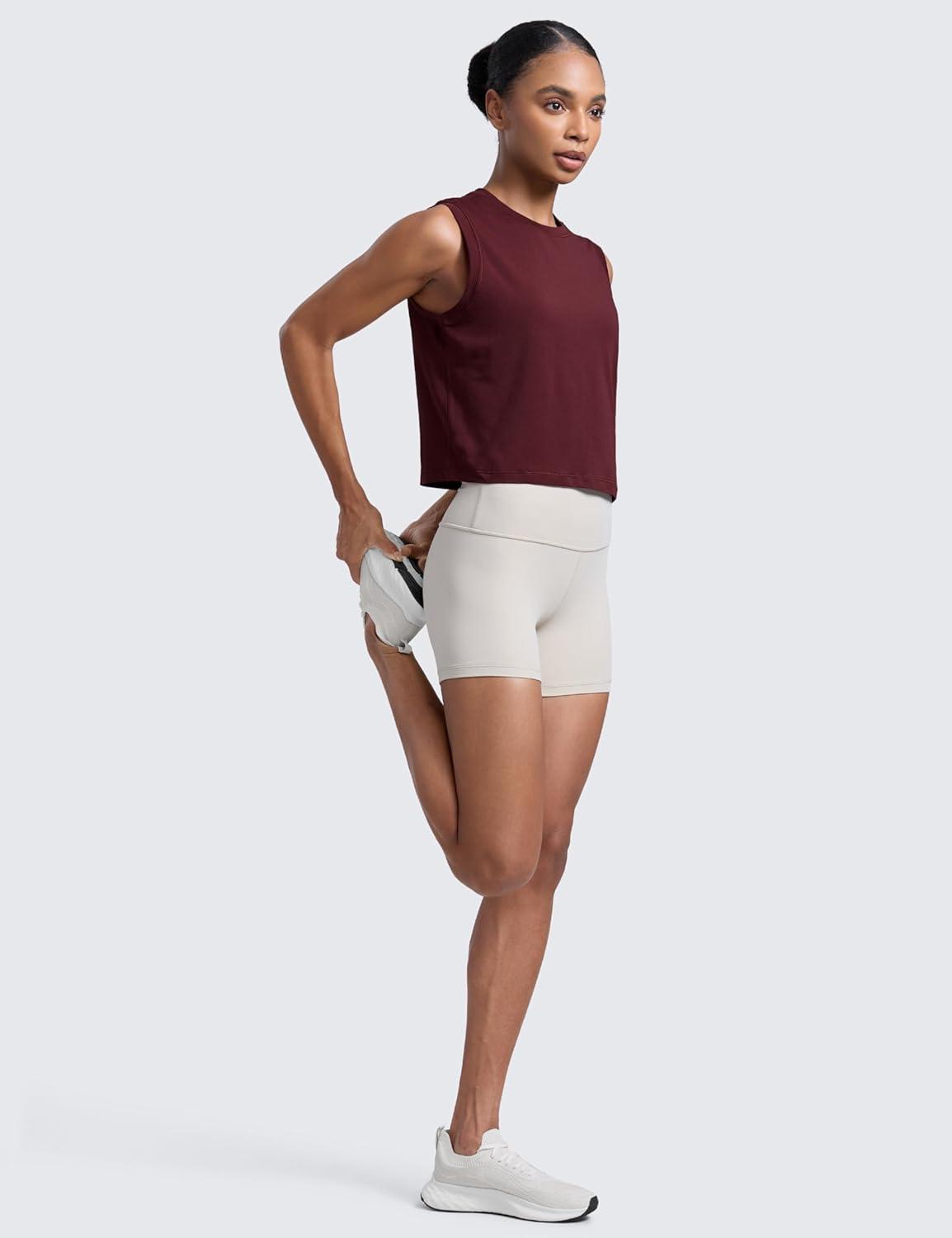 imageCRZ YOGA CottonBlend Workout Muscle Tank for Women Breathable Quick Dry High Neck Athletic Tops Casual Sleeveless ShirtsRed Merlot