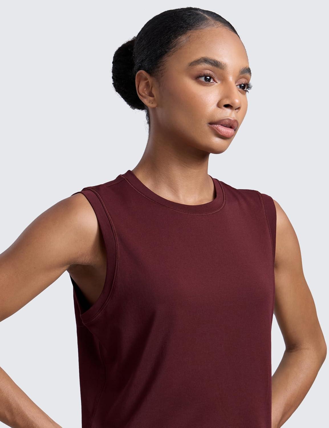 imageCRZ YOGA CottonBlend Workout Muscle Tank for Women Breathable Quick Dry High Neck Athletic Tops Casual Sleeveless ShirtsRed Merlot