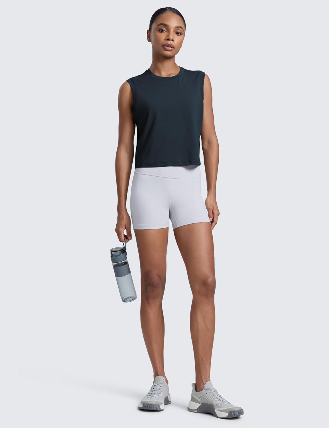 imageCRZ YOGA CottonBlend Workout Muscle Tank for Women Breathable Quick Dry High Neck Athletic Tops Casual Sleeveless ShirtsTrue Navy