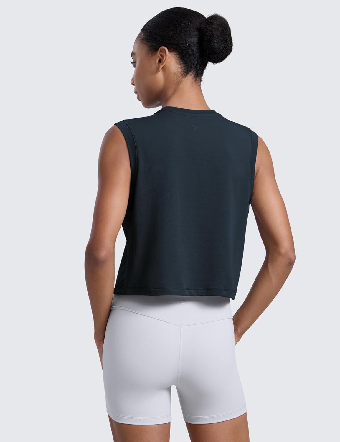 imageCRZ YOGA CottonBlend Workout Muscle Tank for Women Breathable Quick Dry High Neck Athletic Tops Casual Sleeveless ShirtsTrue Navy