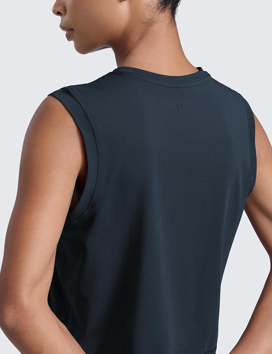 imageCRZ YOGA CottonBlend Workout Muscle Tank for Women Breathable Quick Dry High Neck Athletic Tops Casual Sleeveless ShirtsTrue Navy