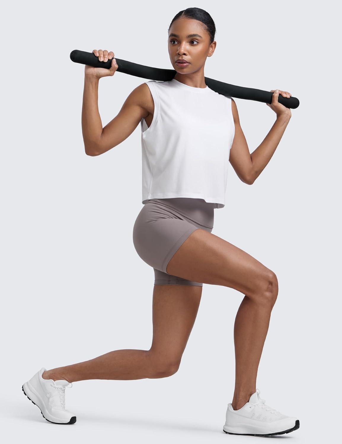 imageCRZ YOGA CottonBlend Workout Muscle Tank for Women Breathable Quick Dry High Neck Athletic Tops Casual Sleeveless ShirtsWhite