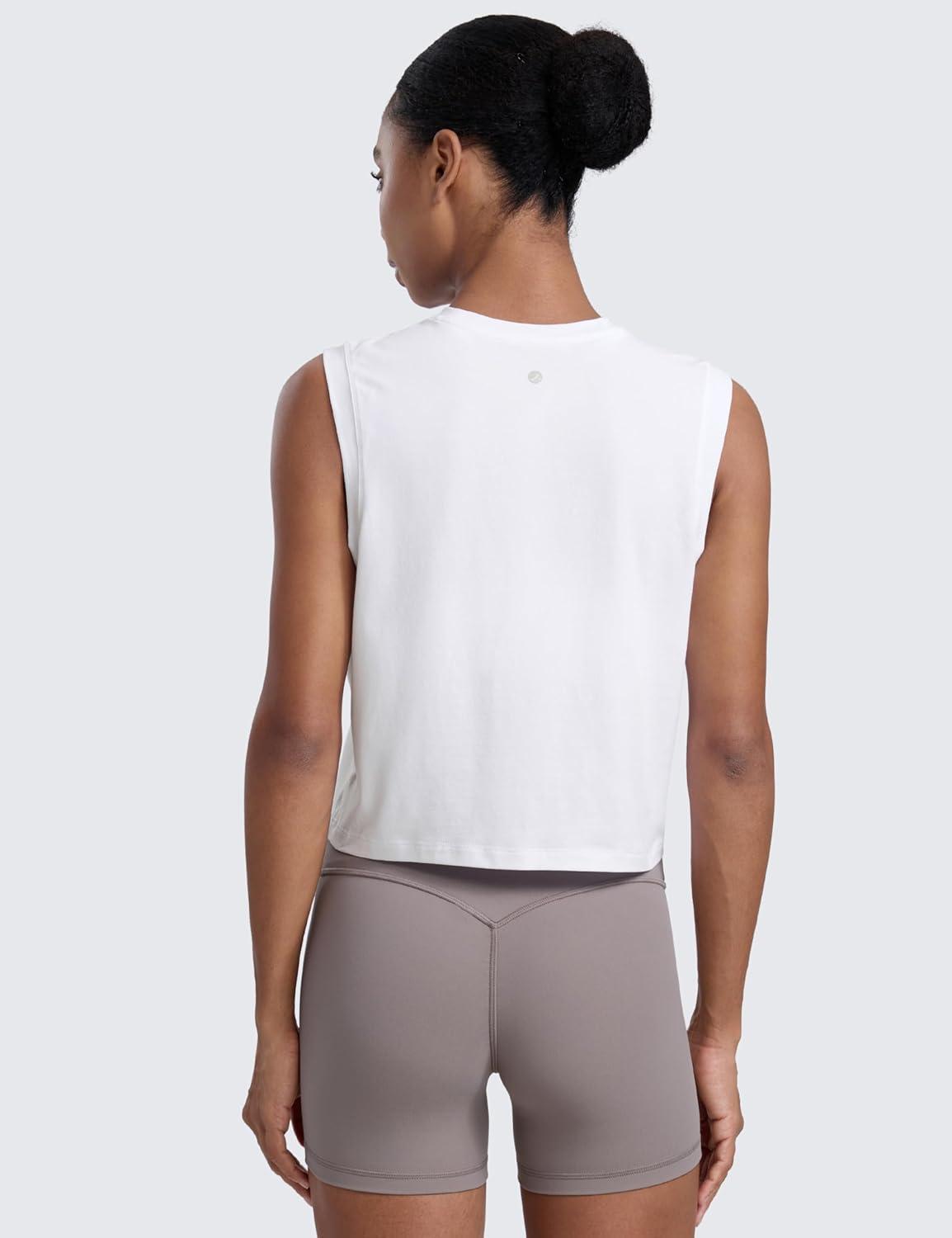 imageCRZ YOGA CottonBlend Workout Muscle Tank for Women Breathable Quick Dry High Neck Athletic Tops Casual Sleeveless ShirtsWhite