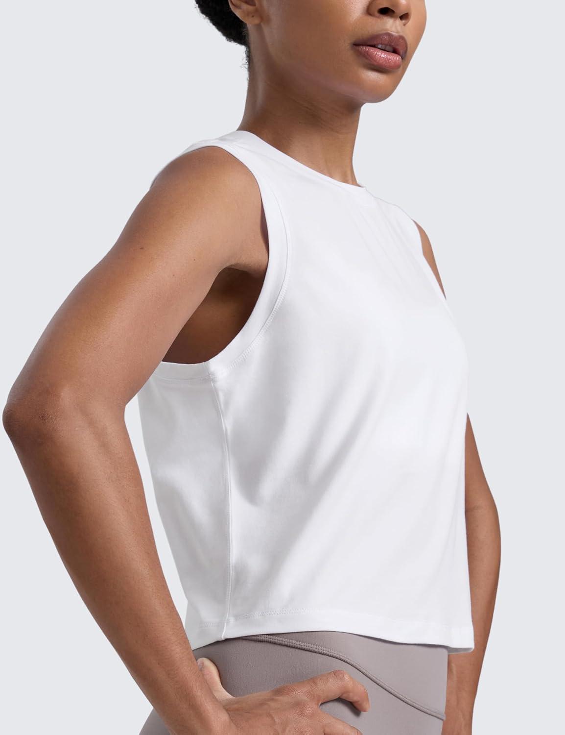 imageCRZ YOGA CottonBlend Workout Muscle Tank for Women Breathable Quick Dry High Neck Athletic Tops Casual Sleeveless ShirtsWhite