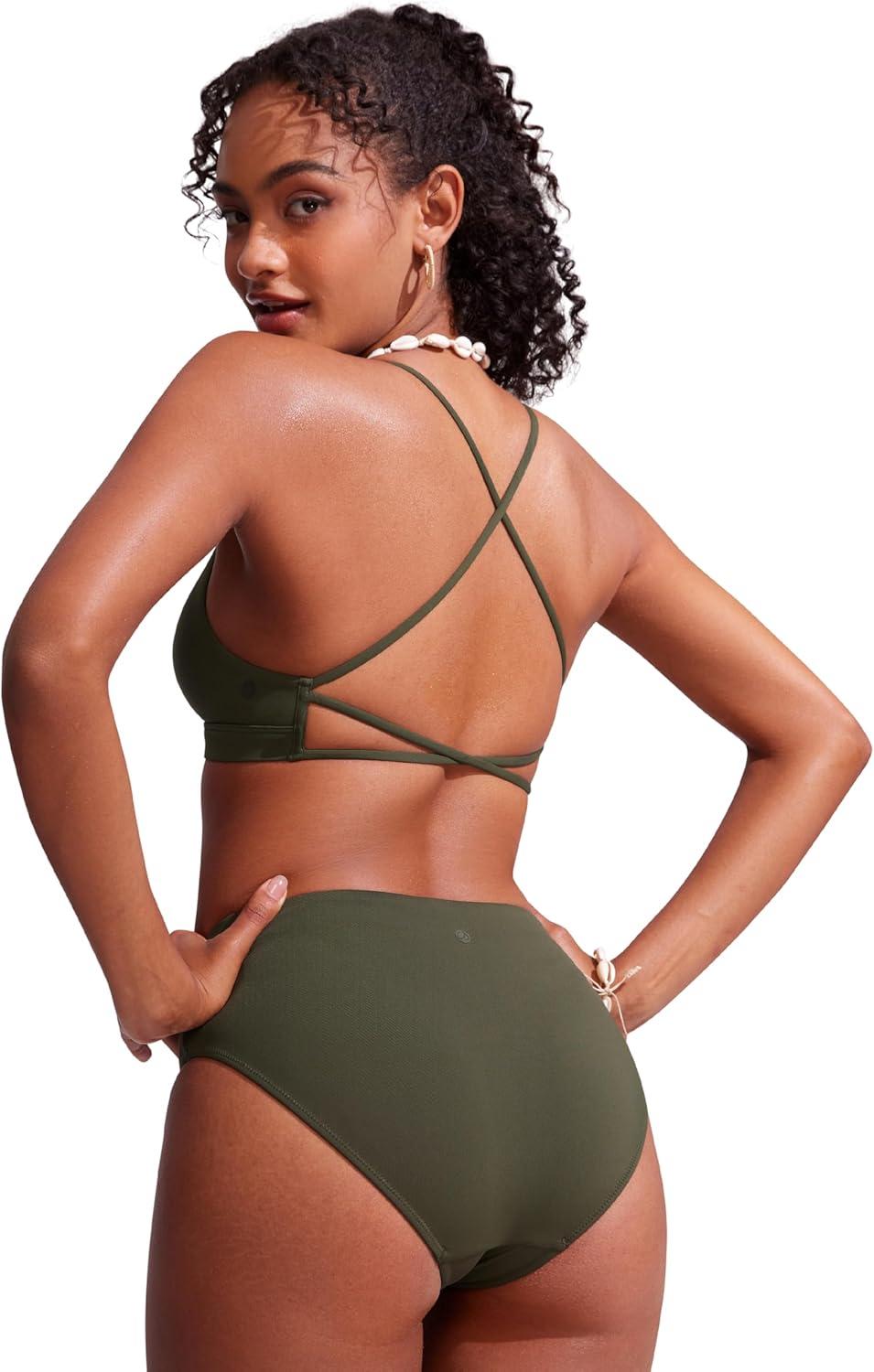 imageCRZ YOGA Deep V Neck Bikini Tops for Women Padded Criss Cross Back Triangle Sexy Swim Bathing Suit BraDark Olive