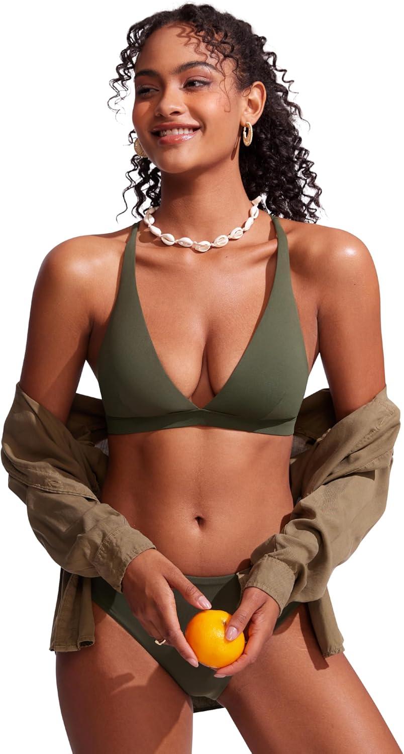 imageCRZ YOGA Deep V Neck Bikini Tops for Women Padded Criss Cross Back Triangle Sexy Swim Bathing Suit BraDark Olive
