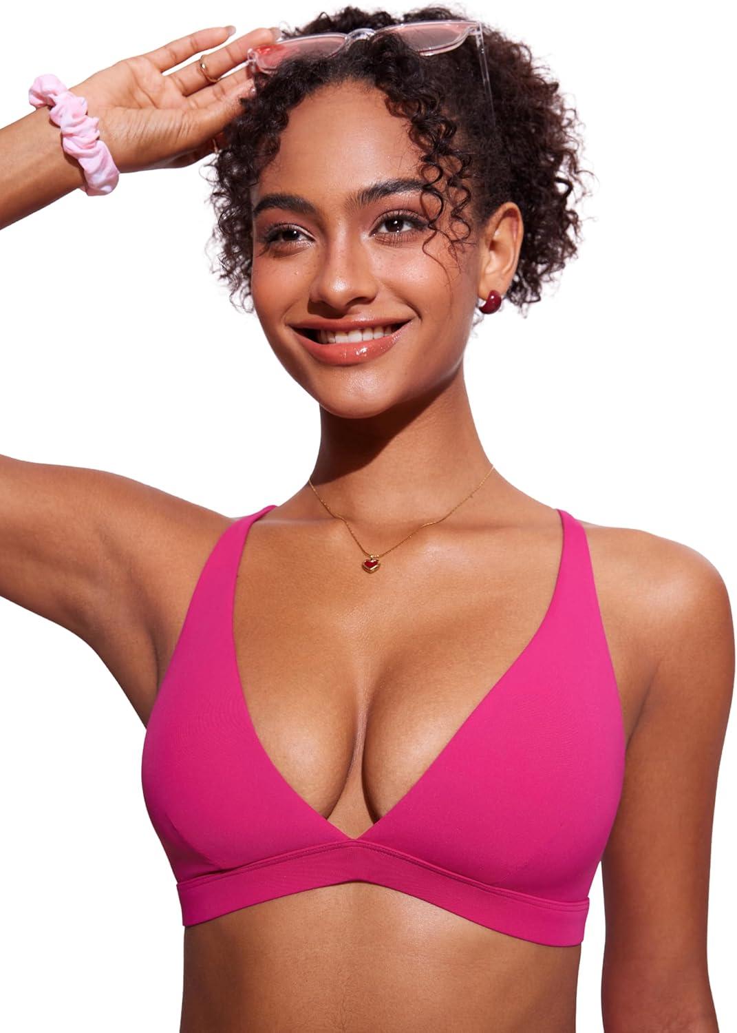 imageCRZ YOGA Deep V Neck Bikini Tops for Women Padded Criss Cross Back Triangle Sexy Swim Bathing Suit BraGranita Pink