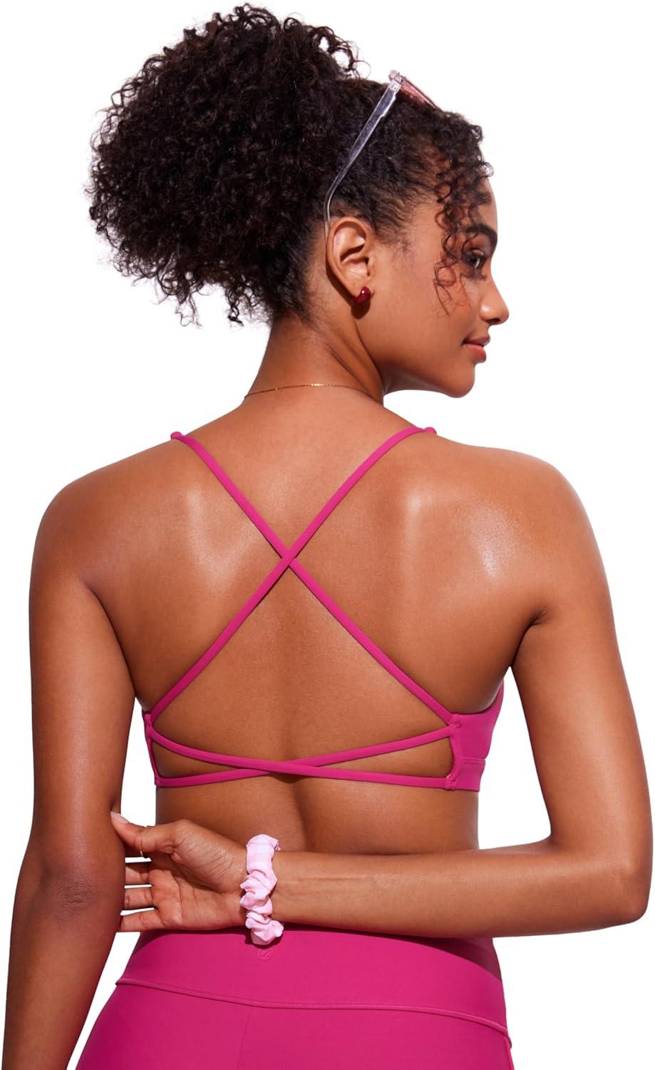 imageCRZ YOGA Deep V Neck Bikini Tops for Women Padded Criss Cross Back Triangle Sexy Swim Bathing Suit BraGranita Pink