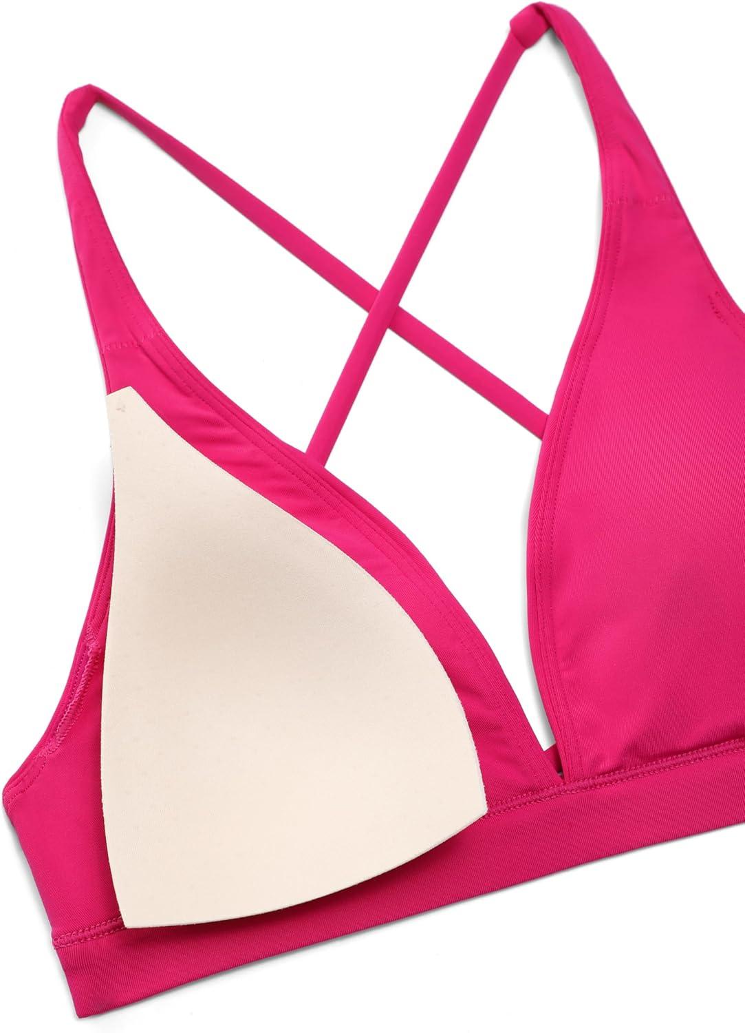 imageCRZ YOGA Deep V Neck Bikini Tops for Women Padded Criss Cross Back Triangle Sexy Swim Bathing Suit BraGranita Pink