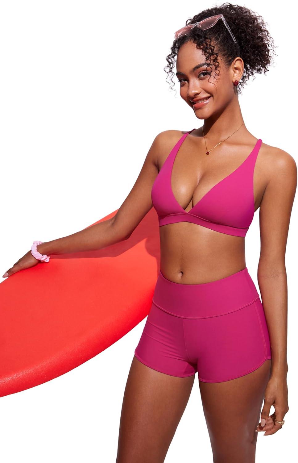 imageCRZ YOGA Deep V Neck Bikini Tops for Women Padded Criss Cross Back Triangle Sexy Swim Bathing Suit BraGranita Pink