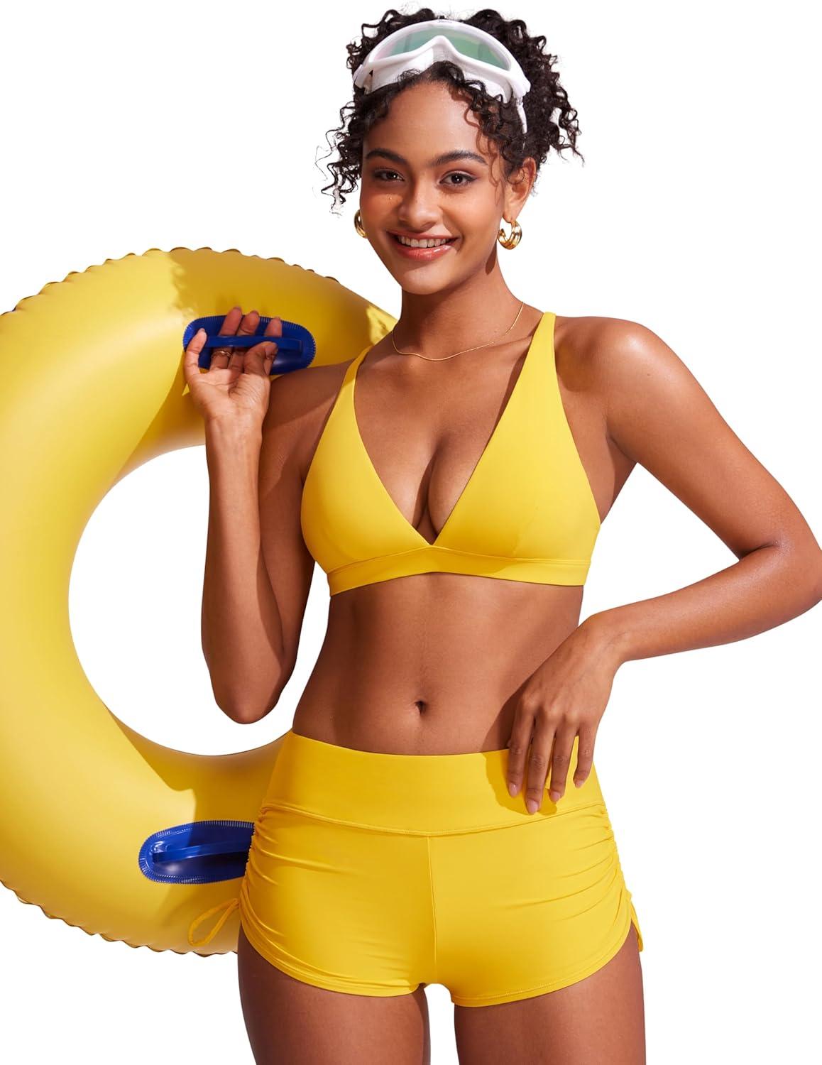 imageCRZ YOGA Deep V Neck Bikini Tops for Women Padded Criss Cross Back Triangle Sexy Swim Bathing Suit BraHigh Visibility Yellow