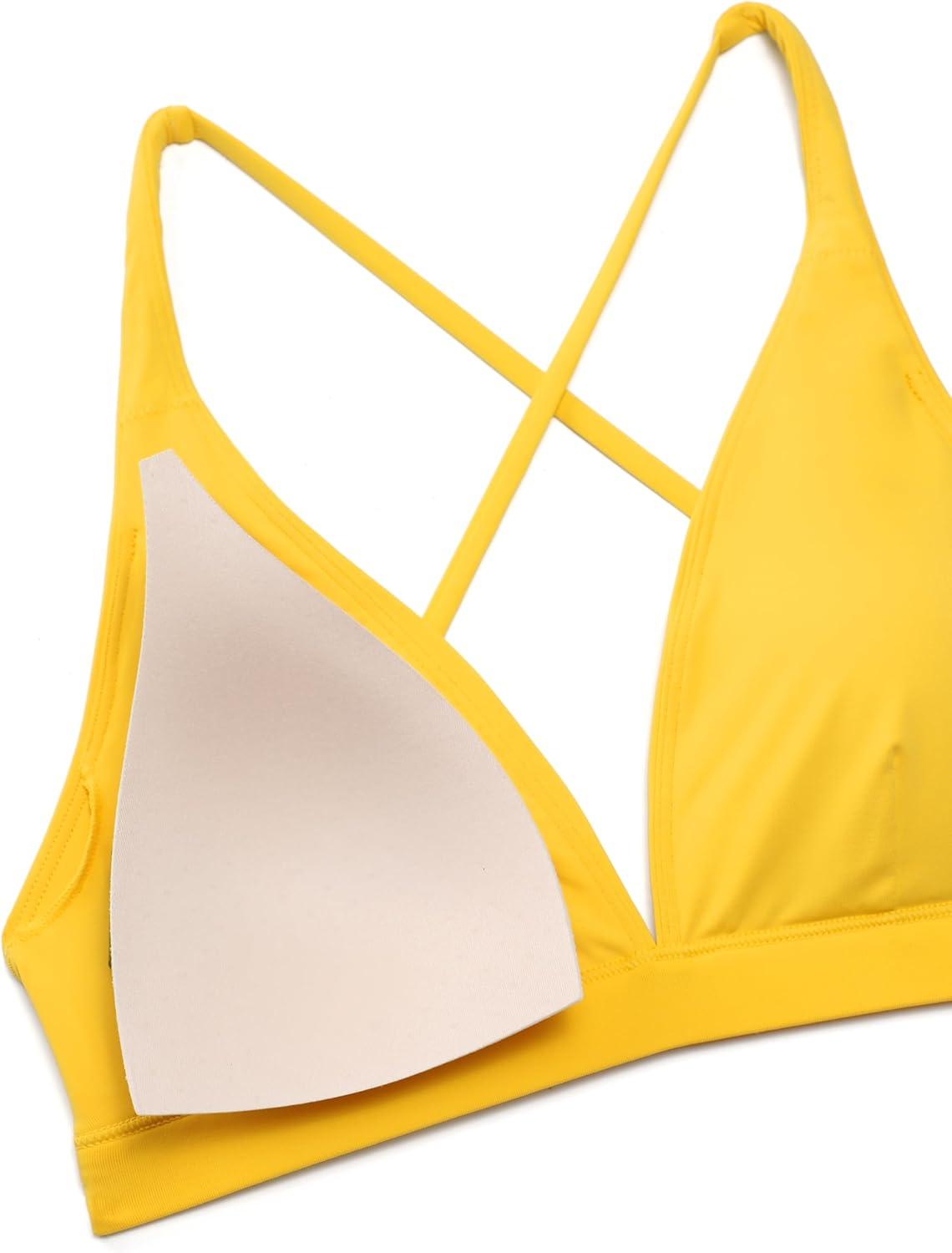 imageCRZ YOGA Deep V Neck Bikini Tops for Women Padded Criss Cross Back Triangle Sexy Swim Bathing Suit BraHigh Visibility Yellow