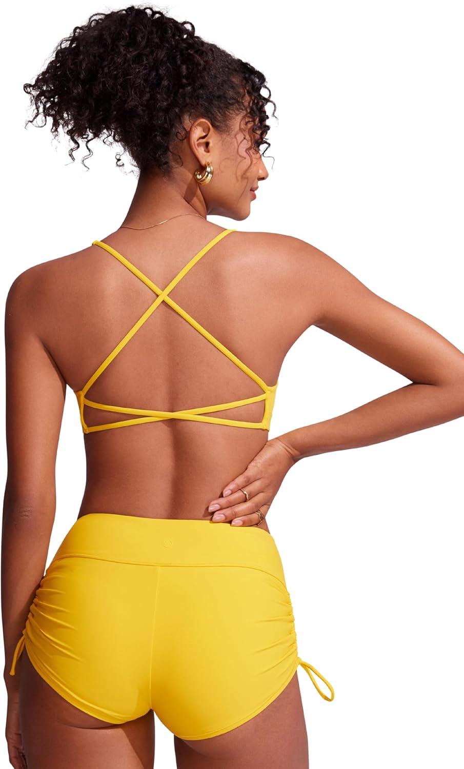 imageCRZ YOGA Deep V Neck Bikini Tops for Women Padded Criss Cross Back Triangle Sexy Swim Bathing Suit BraHigh Visibility Yellow