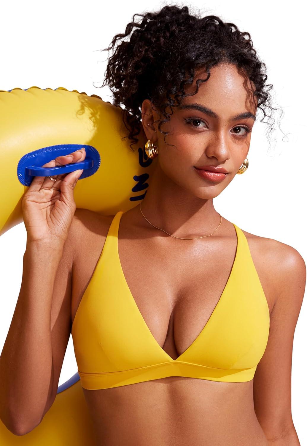 imageCRZ YOGA Deep V Neck Bikini Tops for Women Padded Criss Cross Back Triangle Sexy Swim Bathing Suit BraHigh Visibility Yellow