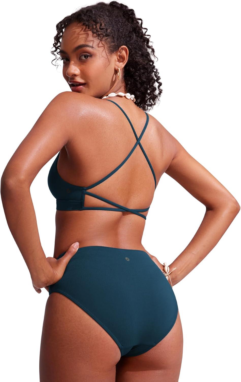 imageCRZ YOGA Deep V Neck Bikini Tops for Women Padded Criss Cross Back Triangle Sexy Swim Bathing Suit BraInsignia Blue