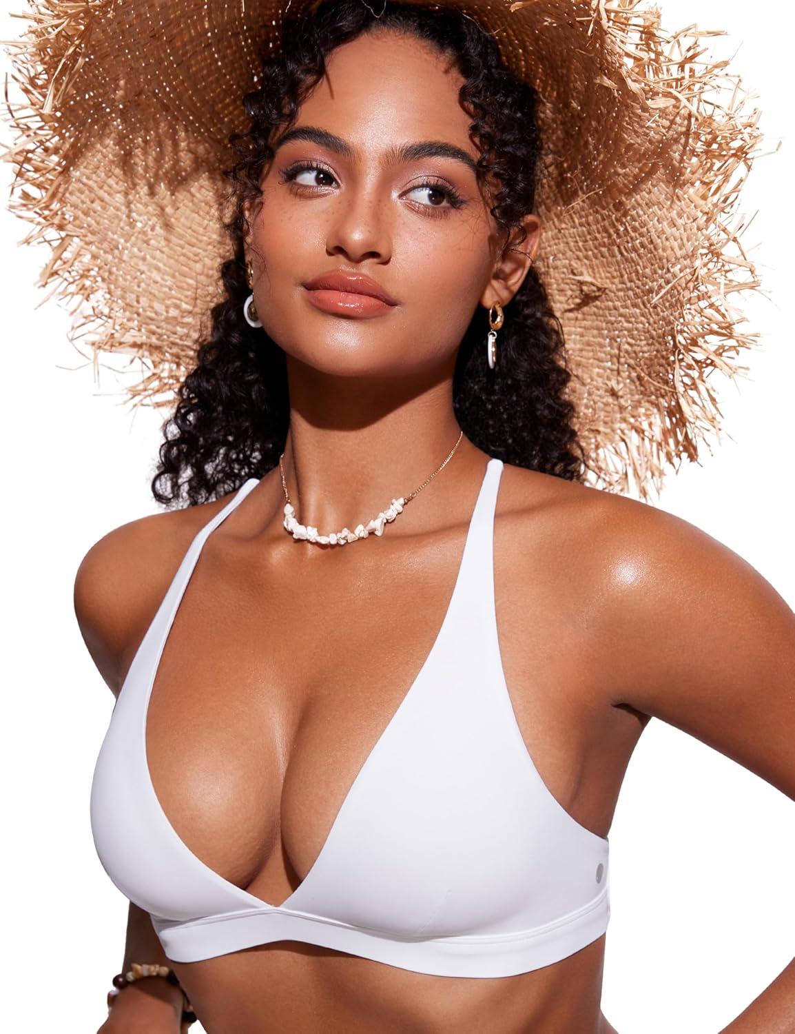 imageCRZ YOGA Deep V Neck Bikini Tops for Women Padded Criss Cross Back Triangle Sexy Swim Bathing Suit BraWhite