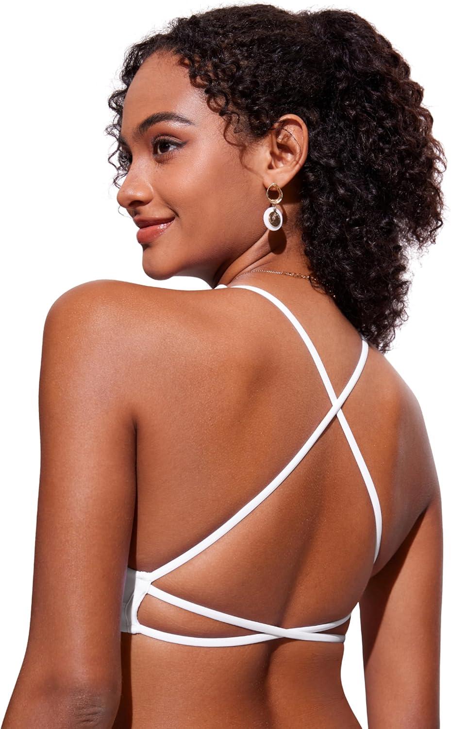 imageCRZ YOGA Deep V Neck Bikini Tops for Women Padded Criss Cross Back Triangle Sexy Swim Bathing Suit BraWhite