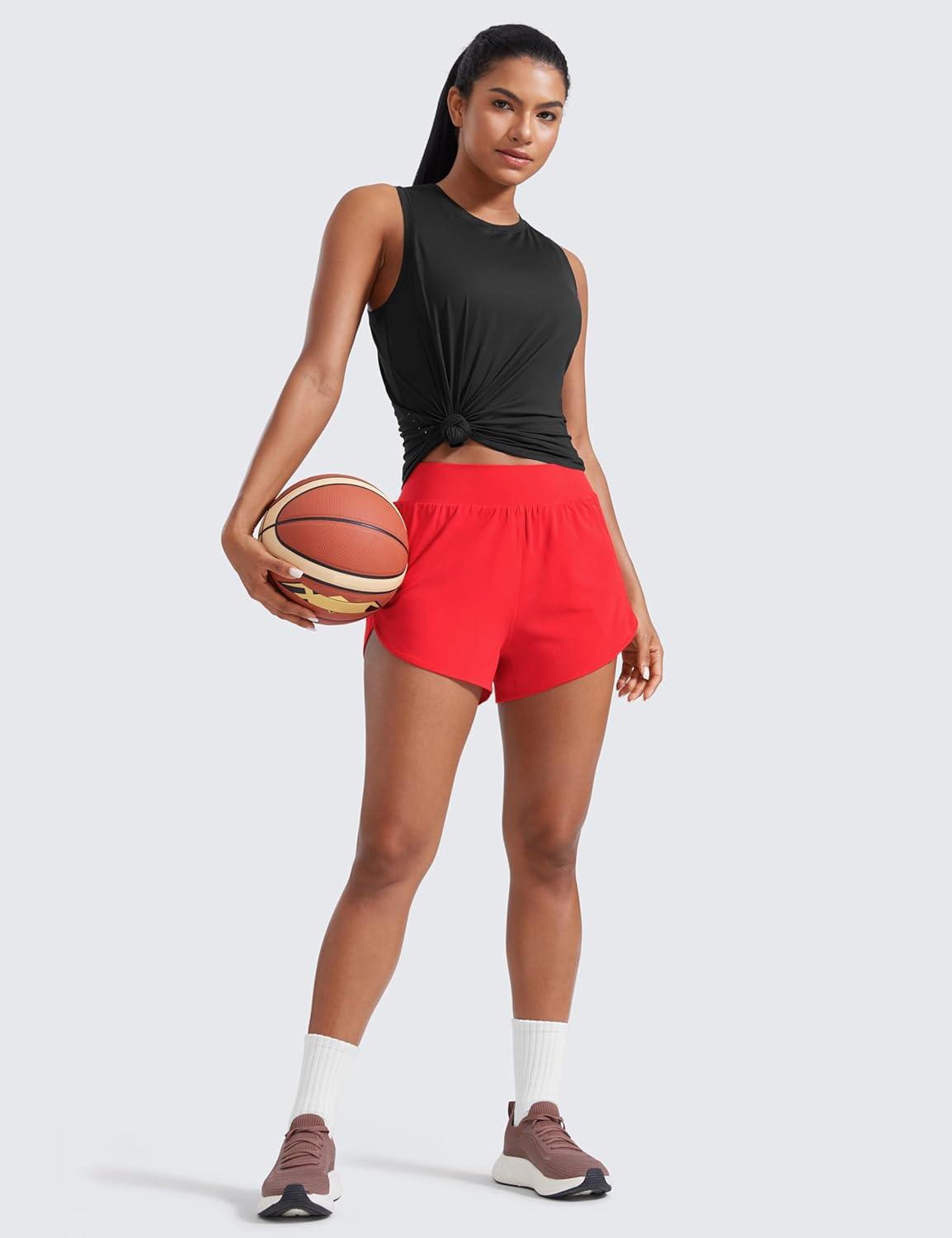 imageCRZ YOGA Dolphin Flat Waist Athletic Shorts for Women 3quot High Rise Quick Dry for Running Workout Gym Track with Zip PocketsDeep Red